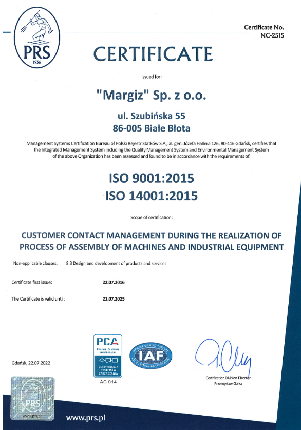 ISO 9001:2015 and 14001:2015 certificates enlarged for another 3 years